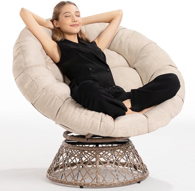 Bme 40" Ergonomic Wicker Papasan Chair with Soft Thick Cushion & Frame, 360° Swivel, Circle, Reading, Comfy Chair for Living Room, Bedroom