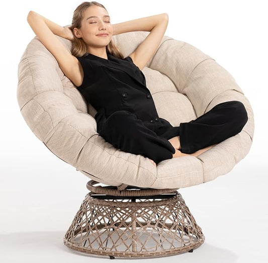 Bme 40" Ergonomic Wicker Papasan Chair with Soft Thick Cushion & Frame, 360° Swivel, Circle, Reading, Comfy Chair for Living Room, Bedroom