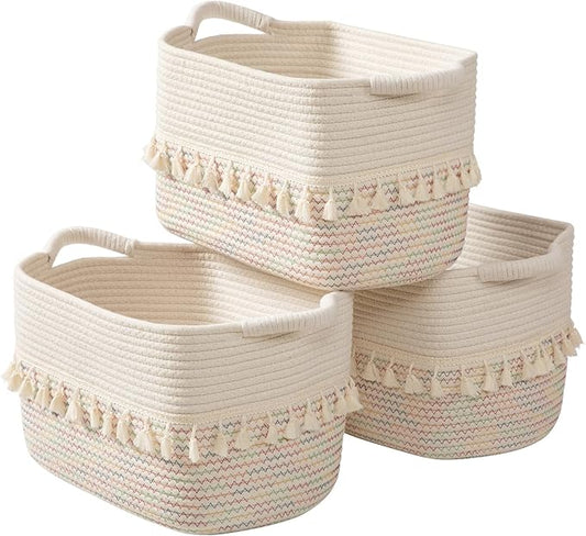 TeoKJ Woven Baskets for Storage, Set of 3 Cotton Rope Basket with Handle for Decor and Storage, Cute Baskets for Organizing in Classroom, Kitchen, Bathroom, White & Stitches Rainbow