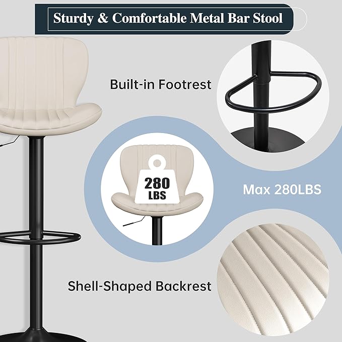 Bar Stools Set of 2, Barstools Counter Height with Shell Shaped Backrest, Adjustable Moder Stools Pu Leather Bar Stools for Kitchen Counter, Island, Bar, Dining Room, White