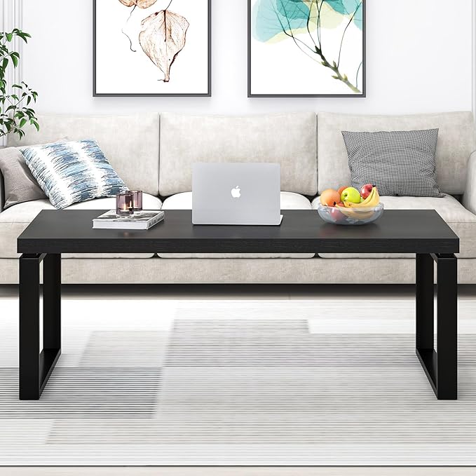 EXCEFUR Black Coffee Table, Modern Rustic Center Table for Living Room, Industrial Rectangle Cocktail Tea Table for Home Office, 47 Inch