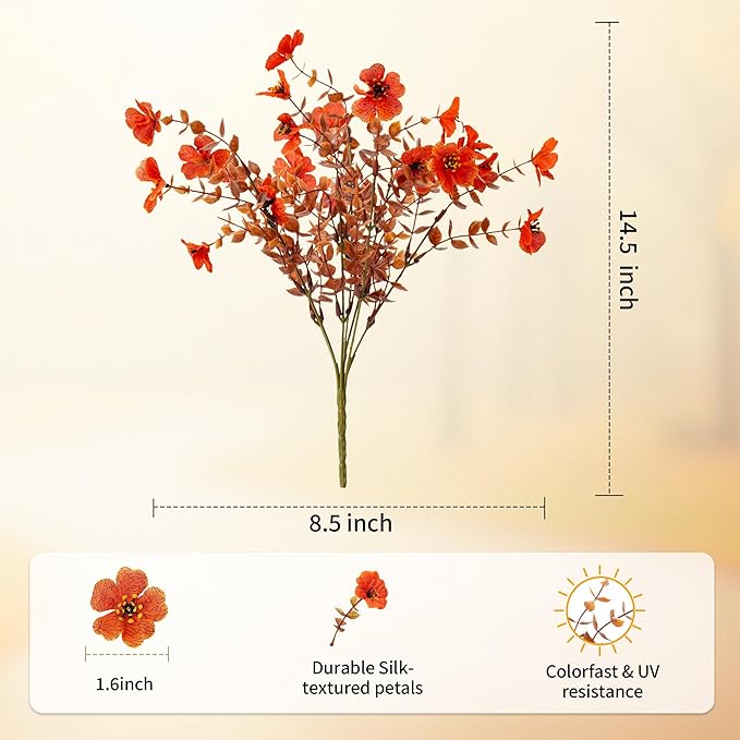 Artificial Mums Fall Fake Flowers for Outdoors, 12 Bundles Faux Mums for Outdoor Planters Decorations,UV Resistant Silk Flowers Plastic Plants for Front Porch Garden Patio Home Decor (B-Orange)