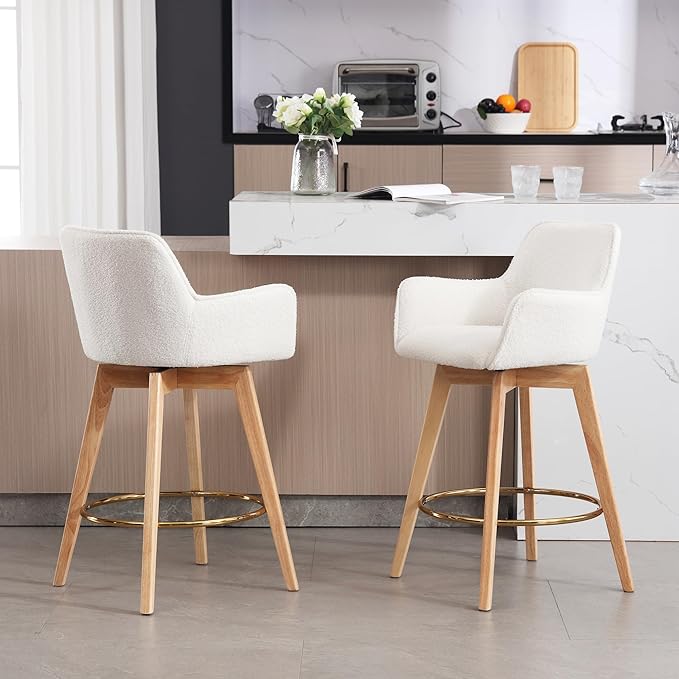 Counter Height Swivel Bar Stools, Boucle Upholstered Bar Stools with Back, Arms, Solid Wooden Legs, 26 Inch Chairs for Kitchen Island, Home Pub, Cafe, 2 Pcs, White