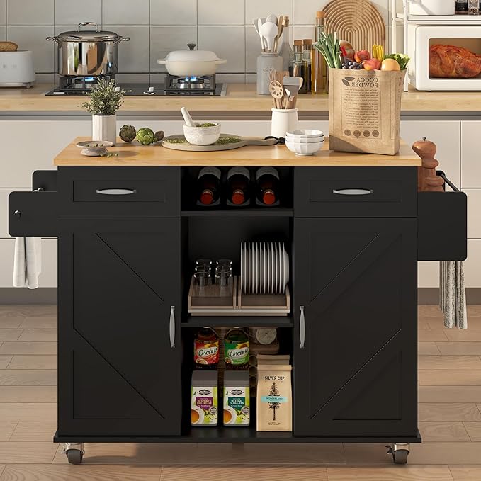 51.5'' Rolling Kitchen Island with Storage Cabinet & Drawers, Drop Leaf Kitchen Cart on Wheels, Farmhouse Portable Mobile Islands, Large Butcher Block Table with Tower/Spice Rack, Black
