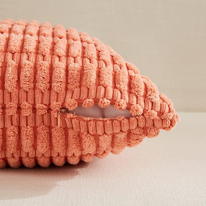 Fancy Homi 4 Packs Boho Coral Decorative Throw Pillow Covers 26x26 Inch for Living Room Couch Bed Sofa, Rustic Modern Farmhouse Home Decor, Soft Plush Corduroy Peach Cute Square Cushion Case 66x66 cm