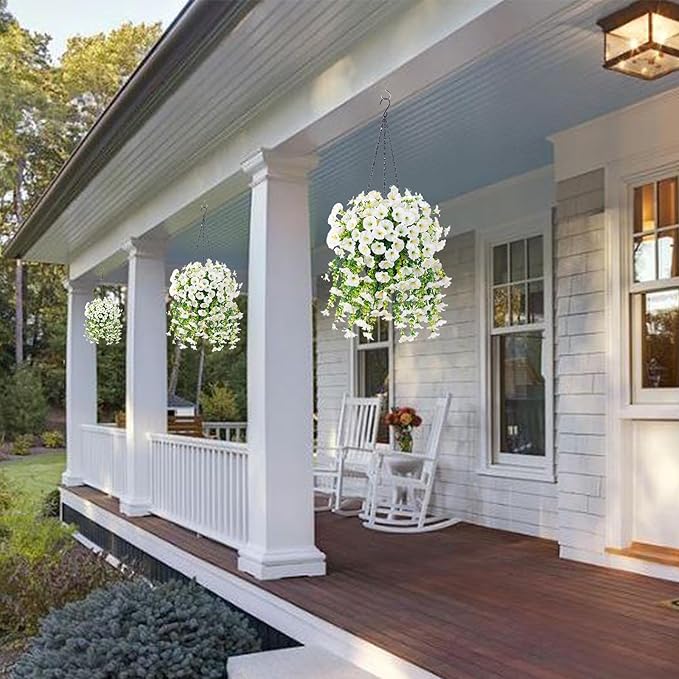 Ivydale 2 PCS Artificial Hanging Flowers Fake Plants Outdoor,Silk Morning Glory Faux Flowers with Eucalyptus Leaves,UV Resistant Realistic Mums Hanging Petunias Plants for Home Garden Decor (Beige)