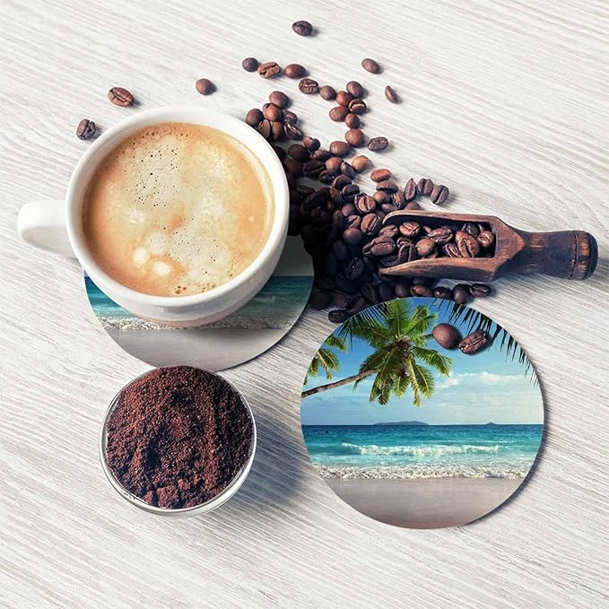 Vintage Beach Drink Coaster Ocean Beautiful Sea Coast Palm Trees Seascape Beautiful Home Decor Diatomite Heat-Resistant Diatomite 4 Inch for Cold Drinks Wine Mugs Cups
