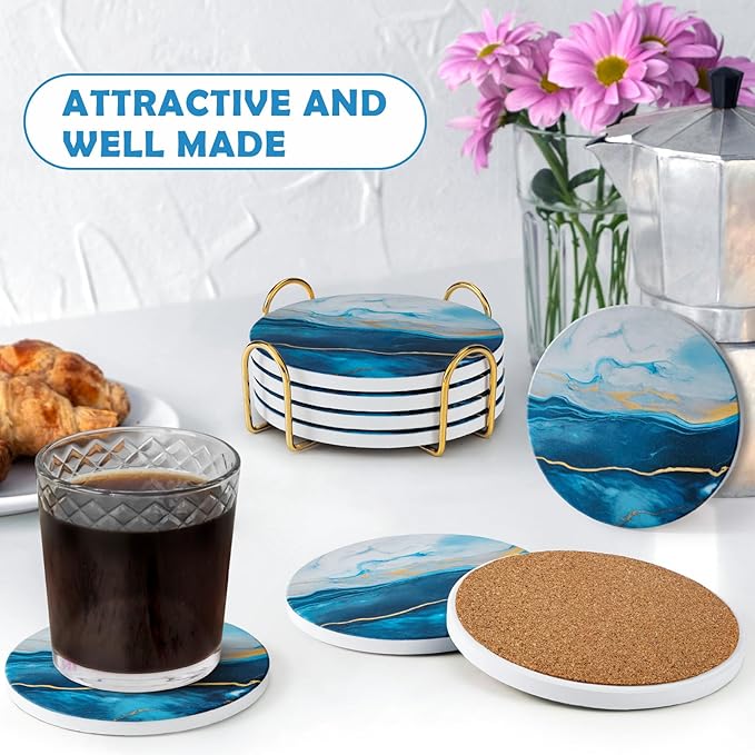 GOH DODD Coasters for Drinks Set of 4, Absorbent Marble Style Ceramic Coaster Set Tabletop Protection Home Decor with Metal Golden Holder for Coffee Table, Father‘s Day Gifts, Blue, Round, 4 Inches
