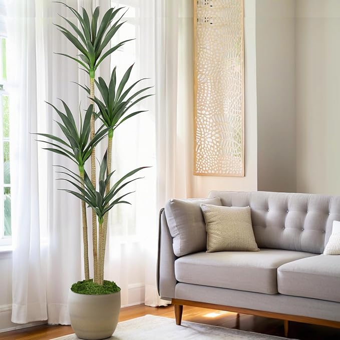6ft Faux Agave Plant Artificial Tree with 51 Leaves and 3 Large Realistic Trunks,Fake Floor Potted Artificial Tall Plants for Home Office Garden Decor Indoor (6Feet,1Pack)