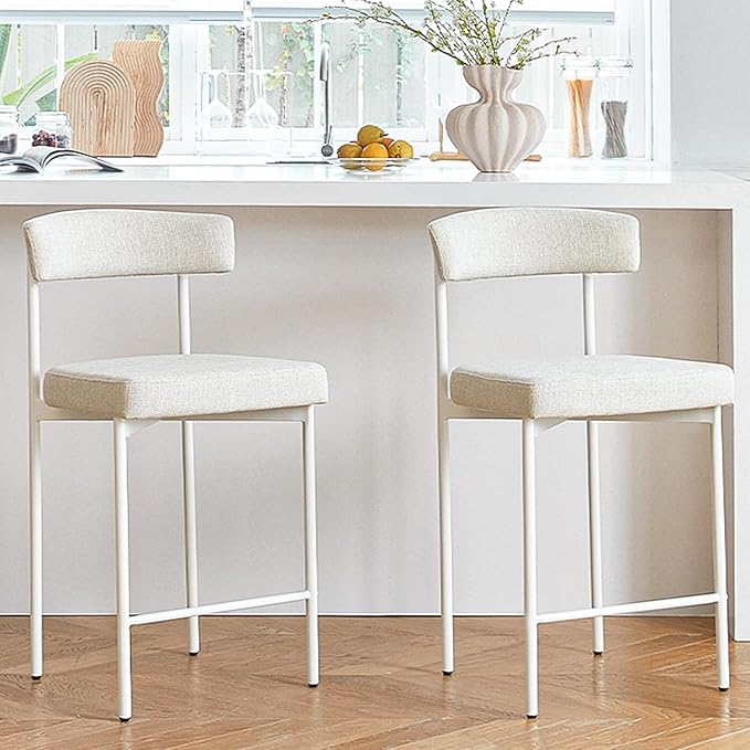 Beige Modern Bar Stools Set of 2, 24 Inch Counter Stools with Curved Backrest, Counter Height Bar Stools for Kitchen Island
