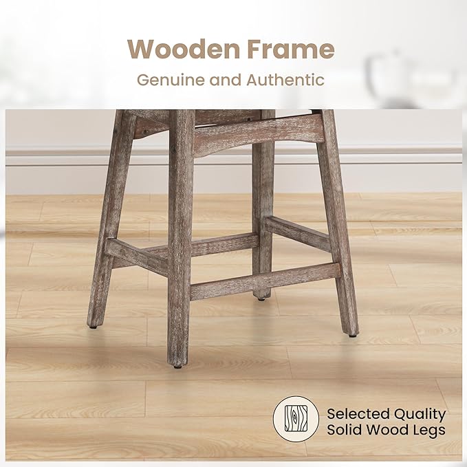 PHI VILLA Farmhouse Bar Stools Set of 3 - Wood Bartools with Upholstered Saddle Seat, 24 inch stools for Kitchen Counter Set of 3