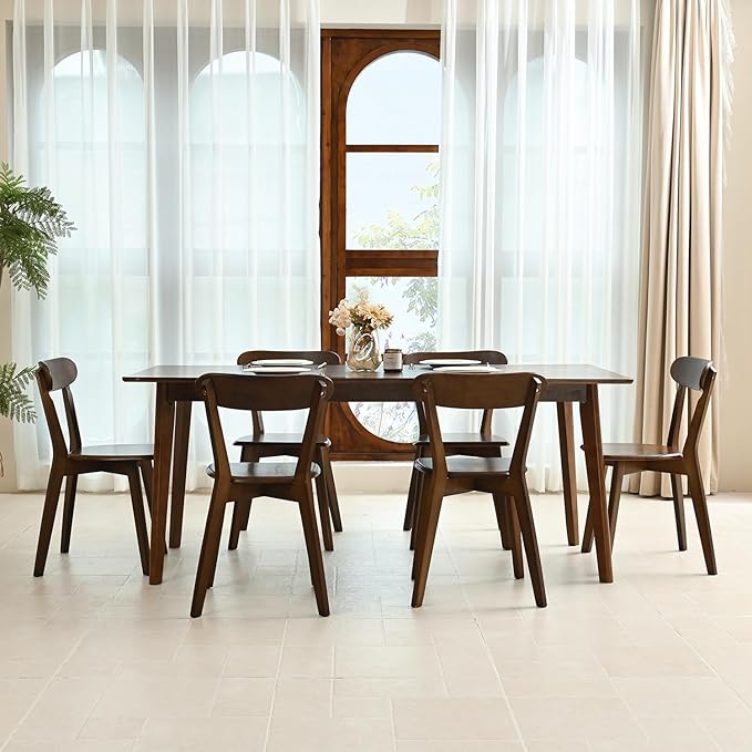 DELAVIN Soild Wood Dining Chairs Set of 6, Mid Century Oak Wood Kitchen Chairs, Vintage Dining Room Chairs Set Suitable for Kitchen, Walnut