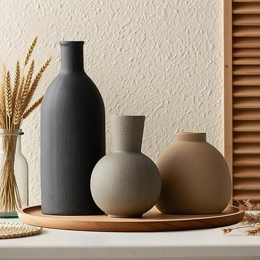 Ceramic Vase Set of 3, Vases Home Decor, Neutral Rustic Modern Farmhouse Decor, Pottery Vases for Pampas Grass Dried Fresh Flowers, Living Room Kitchen Bedroom Bathroom Entryway Mantel Shelf (Black)
