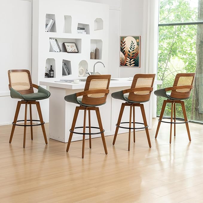 Bar Height Bar Stools Set of 4 - 29.5 inch Mid Century Modern Bar Stools with Cane Back, Curved Arms, Faux Leather Upholstered Seat, Rattan BarStools for Island/Pub/Kitchen (30" Seat Height, Green)