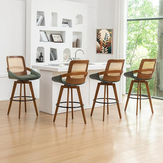 Bar Height Bar Stools Set of 4 - 29.5 inch Mid Century Modern Bar Stools with Cane Back, Curved Arms, Faux Leather Upholstered Seat, Rattan BarStools for Island/Pub/Kitchen (30" Seat Height, Green)