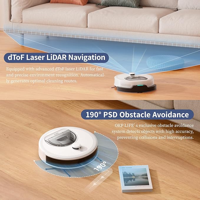 OKP Life LiDAR Robot Vacuum and Mop Combo with 450ml Visible Dustbin, 190° PSD Obstacle Avoidance, Customized Cleaning, Multi-Floor Mapping,150 Mins Runtime, WiFi/Alexa/APP, Good for Pet Hair & Carpet