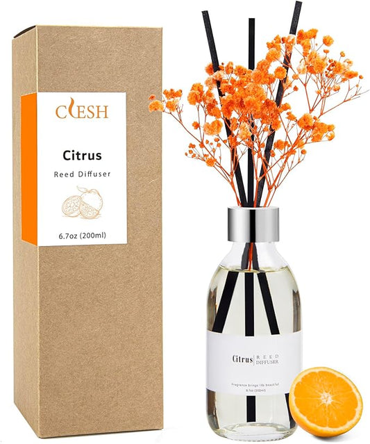 Clesh Reed Diffuser Set, 6.7 oz Citrus Scented Diffuser with Sticks, Home Fragrance Reed Diffuser for Bathroom Shelf Decor