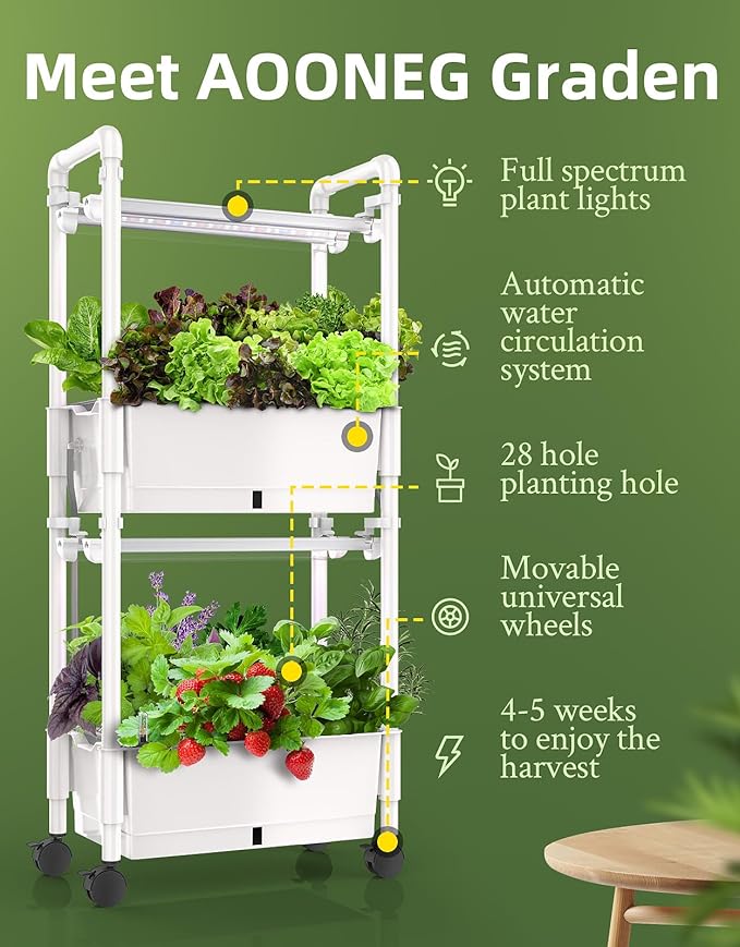 Hydroponics Growing System,AOONEG 28Pods Indoor Herb Garden with LED Grow Light,Hydroponics Growing System Kit with Automatic Timer,Pump System,Adjustable Height (No Seed,Glossy White, 2Layer-28Pods)