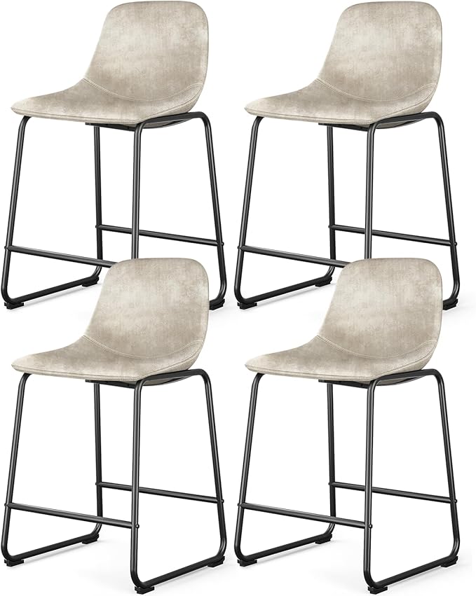 Rfiver Pu Faux Leather Bar Stools Set of 4, Industrial Pub Barstools with Back and Footrest, Modern Armless Bar Height Stool Chairs (Beige, 24" Counter Chair x4)