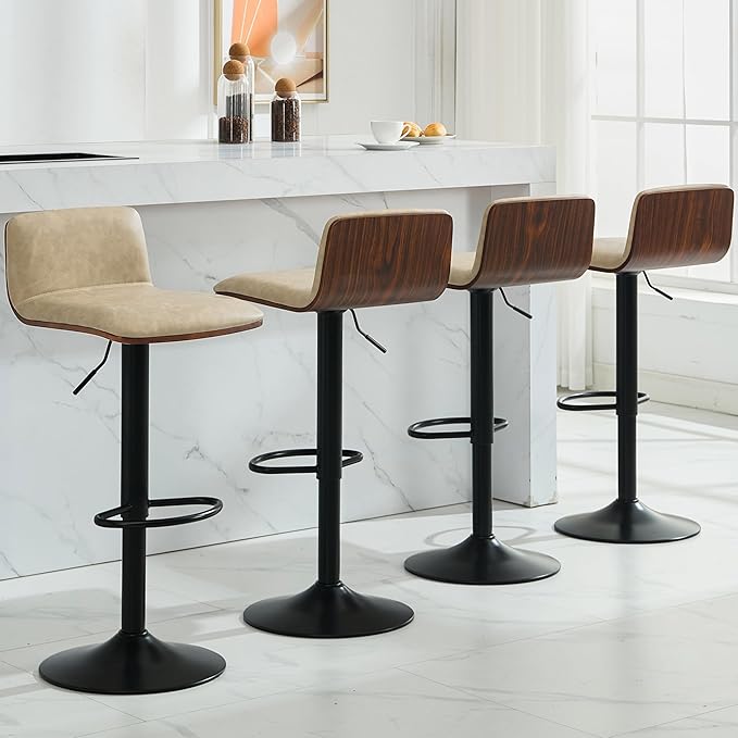 Set of 2 Swivel Bar Stools Adjustable Height, Faux Leather Barstools with Wooden Back and Footrest, Counter Height Bar Height Chairs for Kitchen Island, Dining Room, Beige