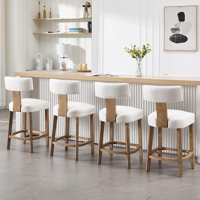 Linen Bar Stools Set of 4, Upholstered 27.7'' Counter Height Barstools with Curved Back, Farmhouse Wood Bar Chairs for Breakfast, Kitchen Island, Cafe, Cream