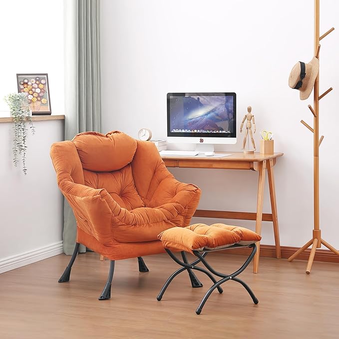 Lazy Chair and Ottoman, Large Accent Lounge Chair with Armrests and a Side Pocket, Modern Leisure Upholstered Sofa Reading Armchair with Footrest for Bedroom, Living Room, Dorm Rooms, Office