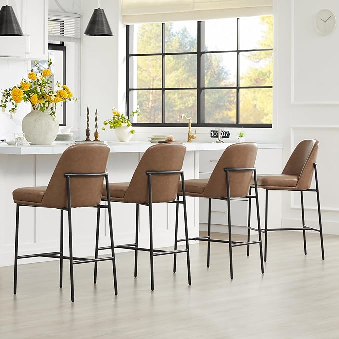 CHITA Counter Height Bar Stools Set of 2, FSC Certified Metal Barstools for Kitchen Island, 27" H Seat Height, Faux Leather, Saddle Brown