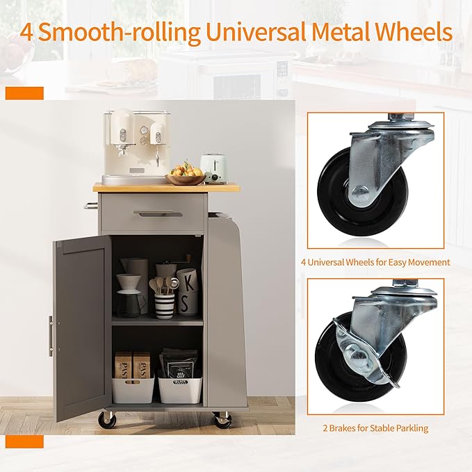 Shintenchi Small Kitchen Island on Wheels with 3-Tier Side Spice Rack and Rubber Wood Top, Trolley Cart with Storage Cabinet & Drawer and Handle/Towel Rack, Gray