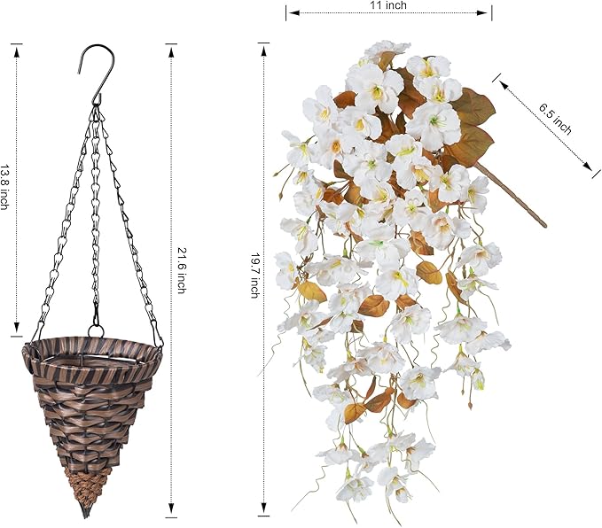 Artificial Fake Fall Hanging Flowers Plants Baskets for Outdoor Decoration, 5Pcs Faux Silk Hibiscus Long Vines in Planter UV Resistant Realistic Flower for Outside Home Porch Patio Garden, Fall White