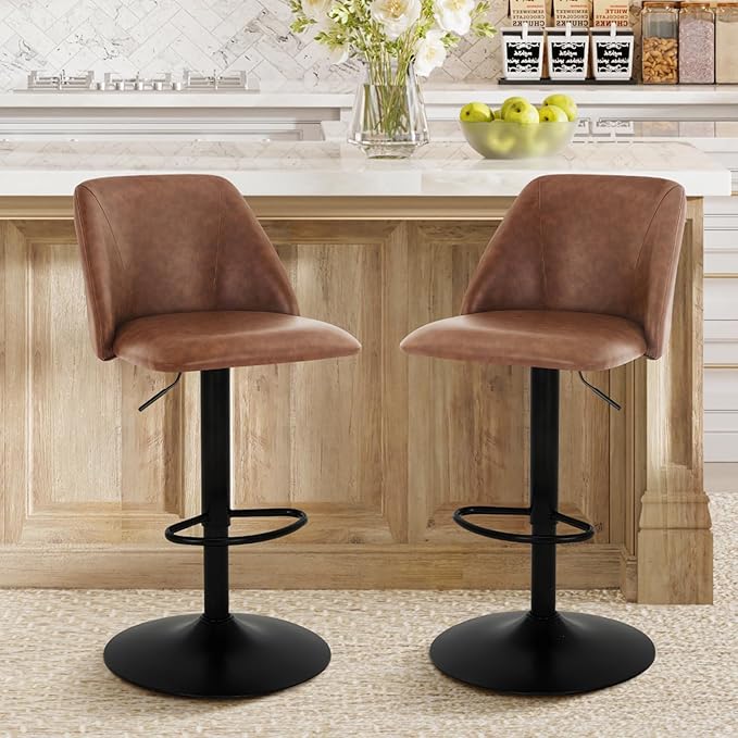 COLAMY Bar Stools Set of 6, Modern Swivel Bar Chairs, Adjustable PU Leather Upholstered Barstools Counter Height with Full Backrest for Bar, Dining Room, Kitchen Island, Brown