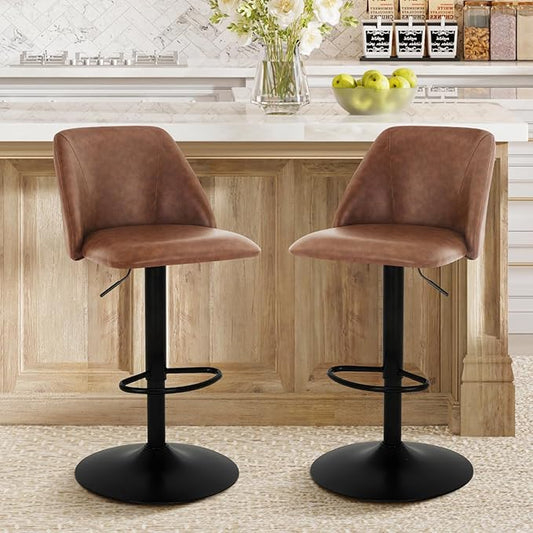 COLAMY Bar Stools Set of 2, Modern Swivel Bar Chairs, Adjustable PU Leather Upholstered Barstools Counter Height with Full Backrest for Bar, Dining Room, Kitchen Island, Brown