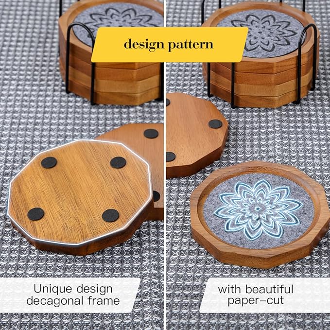 Wood Coasters for Drinks Absorbent with Lip, 4.3 Inch Acacia Wood Grey Felt Coaster with Holder for Wooden Coffee Table for Cups, Mugs, and Glasses - Set of 6