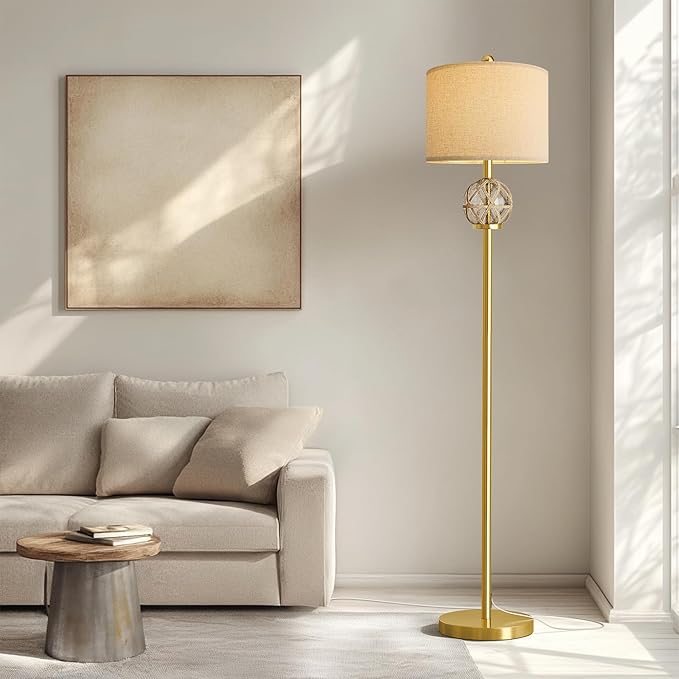 Oneach 61.5” Modern Floor Lamp for Living Room, Gold Boho Standing Lamp with Rattan Glass Design, Rotary Switch, Farmhouse Tall Lamps for Bedroom Office Dining Room (Without Bulb)
