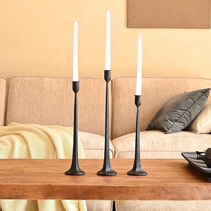 Set of 3 Candle Stick Holders,Iron Black Candlestick Holders, Fits 3/4 inch Thick Candles, Tapered Candle Holders Tall Set for Dining Table, Wedding, Home Decoration