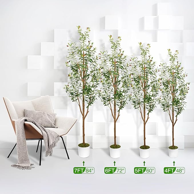 6FT Artificial Olive Tree - Indoor Tall Faux Olive Trees with Planter&Basket, Large Fake Olive Silk Tree Realistic Olive Plants with Branches and Fruits for Home Decor Office Living Room