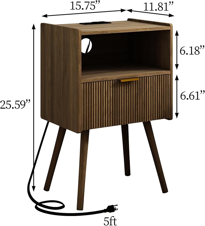 Nightstand with Outlet,Modern Bedside Table with Storage Drawer and Open Wood Shelf, for Living Room, Bedroom and Small Spaces, Accent Night Stand with Solid Wood Legs, Easy Assembly,Brown