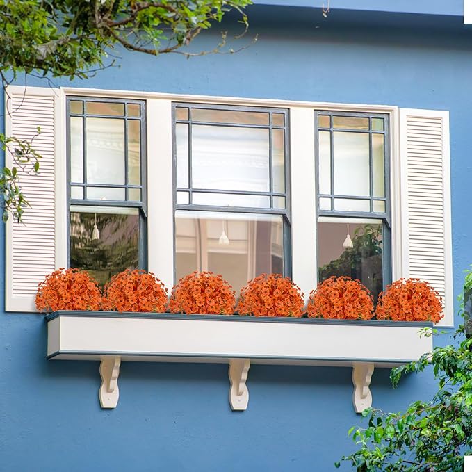Outdoor Artificial Flowers 21 UV Resistant Bundles Fake Flower Plastic Plants Faux Silk Flowers Porch Hanging Garden Porch Window Box Decorating (Deep Autumn Orange)