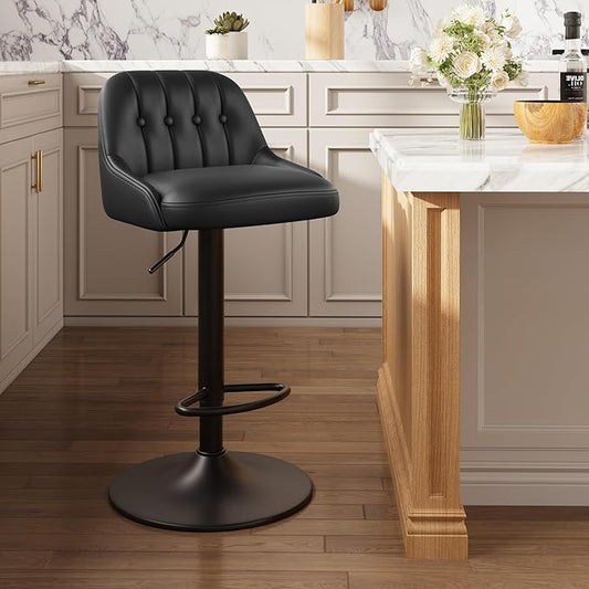 Bar Stools Set of 1, Swivel Bar Chairs, Modern Adjustable PU Leather Upholstered Barstools Counter Height with Tufted Back for Bar, Kitchen Counter Island, Dining Room, Black