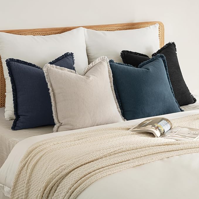 MIULEE Christmas Decorative Couch Pillow Covers Neutral Linen Fringe Throw Pillows Set of 4 Boho Farmhouse Cushion Modern Pillowcases for Bed Sofa Living Room Home Decor 18x18 Inch Beige/Coastal Blue