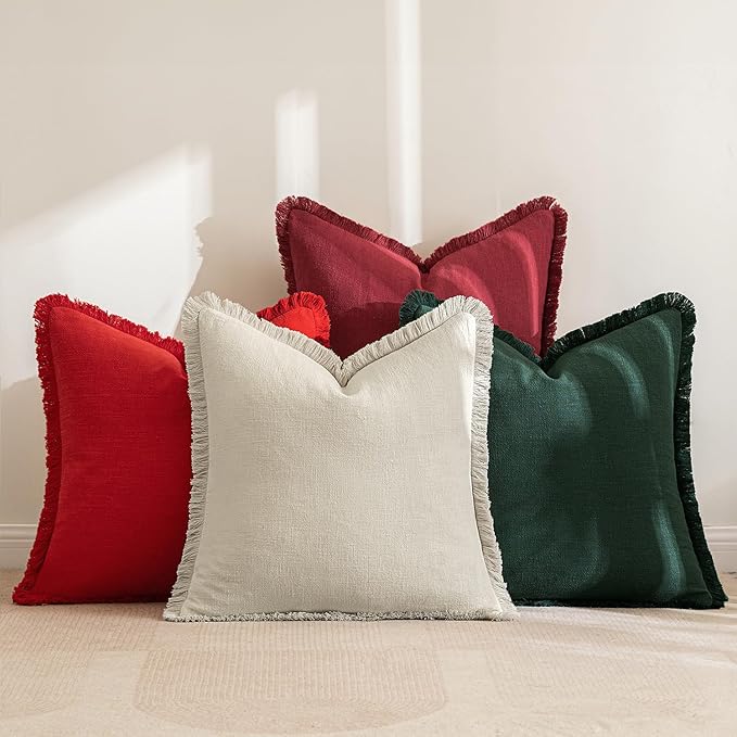 MIULEE Linen Pillow Covers 20x20 Inch Decorative Throw Pillows with Fringe Pack of 4 Soft Farmhouse Boho Couch Pillows Home Decors for Sofa Cushion Living Room Bed Dark Green and Red