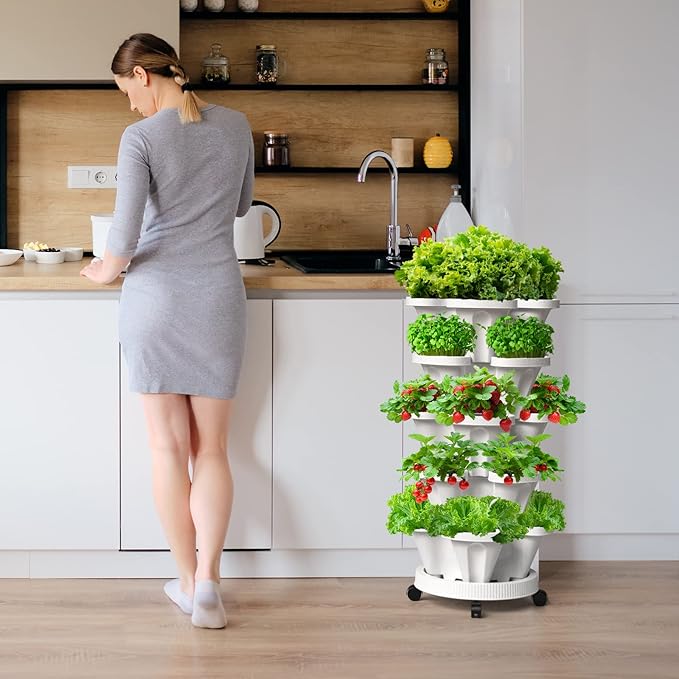 Strawberry Vertical Planters, 3 Tiered Stacking Tower Garden, Stackable Herb Vegetable Planters with Movable Casters and Bottom Saucer Indoor and Outdoor - White