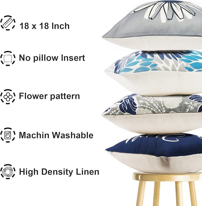 Decorative Throw Pillow Covers Set of 4 Blue Pillow Covers 18x18 inch Throw Pillow Cases Linen Square Pillow Case,Farmhouse Outdoor Modern Boho Pillow Covers for Couch Sofa Living Room