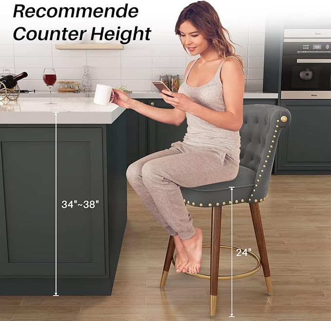 24" Counter Height Bar Stools Set of 4, Swivel Counter Stools with Back, Upholstered Velvet Stools for Kitchen Counter with Wood Legs, Fabric in Gray
