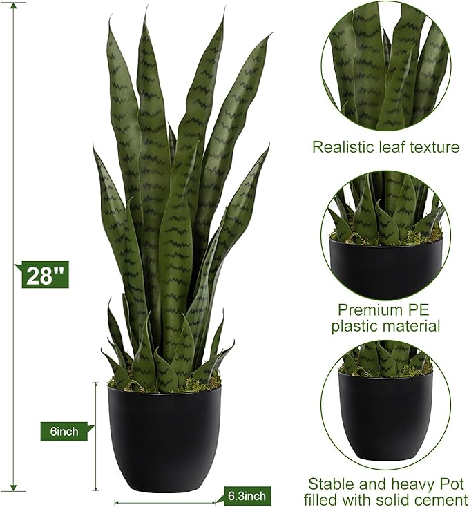 Artificial Snake Plant – 28in Faux Sansevieria Plants, Fake Floor Plant for Indoor Outdoor, Front Porch Patio Home Office Decor, Mother-in-Law’s Tongue, Green 1Pcs