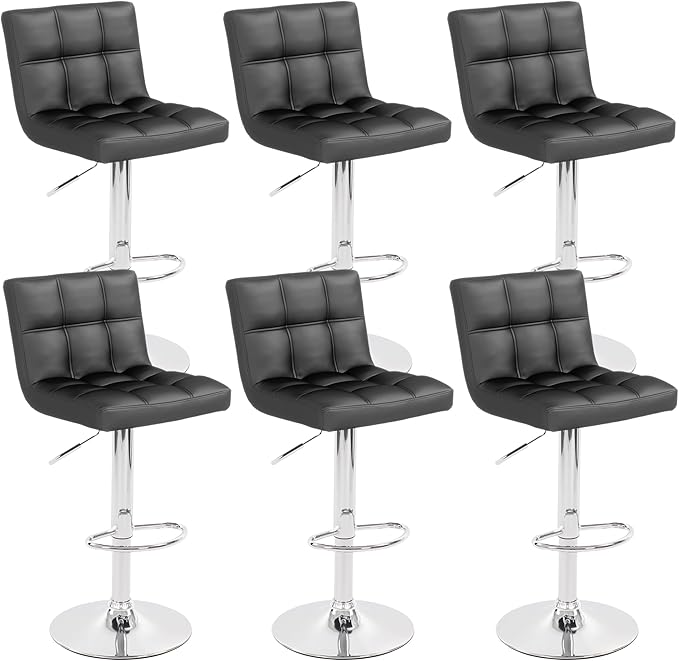 Modern PU Leather Bar Stools Set of 6, Adjustable Swivel Square Bar Chairs, Armless Counter Height Barstools with Back and Large Base for Island/Kitchen(Black)