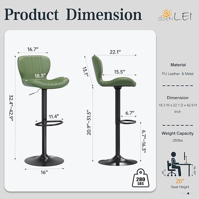 Bar Stools Set of 4, Modern Swivel Bar Stools with Shell Shaped Backrest, Adjustable Counter Height Bar Chairs for Kitchen, Island, Bar, Dining Room, Green