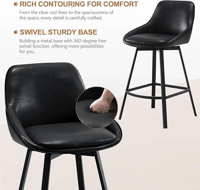 Zesthouse Swivel Counter Height Stools Set of 2, Modern Upholstered Barstools with Backs, 26'' Faux Leather High Chairs for Island Kitchen, Counter Height Chairs with Metal Legs, Black