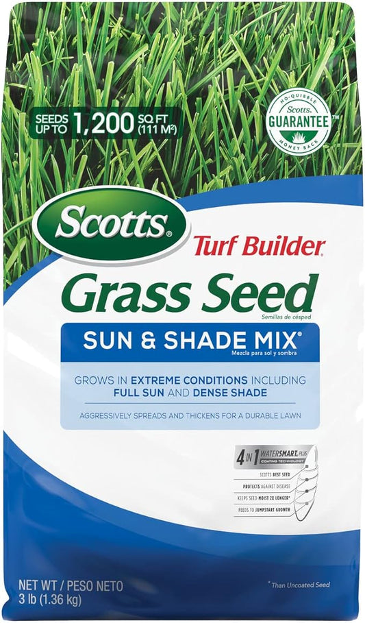 Scotts Turf Builder Grass Seed Sun & Shade Mix, Grows in Extreme Conditions & Spreads for a Durable Lawn, 3 lbs.