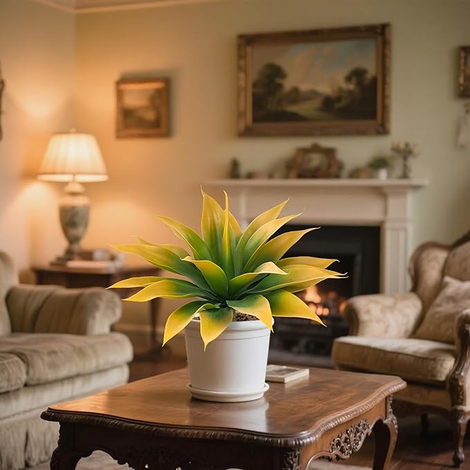 Artificial Agave Faux Agave Fake Greenery Outdoor Artificial Plants Fake Plants for Indoor Home Decoration Plastic Plants Outdoor Decor Front Porch Decor Simulation Plants 18In(Yellow) 2Pack