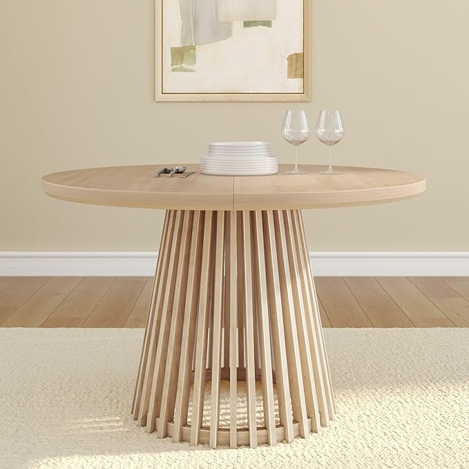 Plank+Beam Lido Round Dining Table, 47", Wooden, Pedestal, Minimalist Kitchen Table for 4 for Dining Room, Blonde